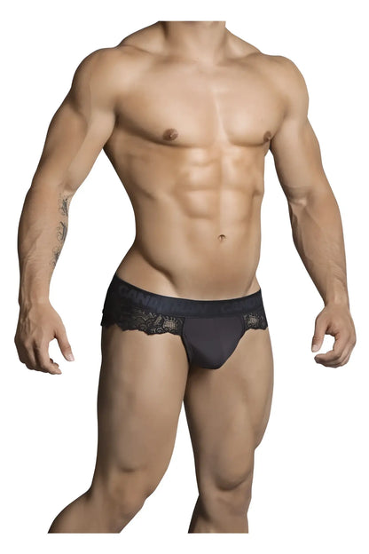 Black lace-trimmed calvin klein candyMan 99304 thong in black showcasing front view and delicate lace detail