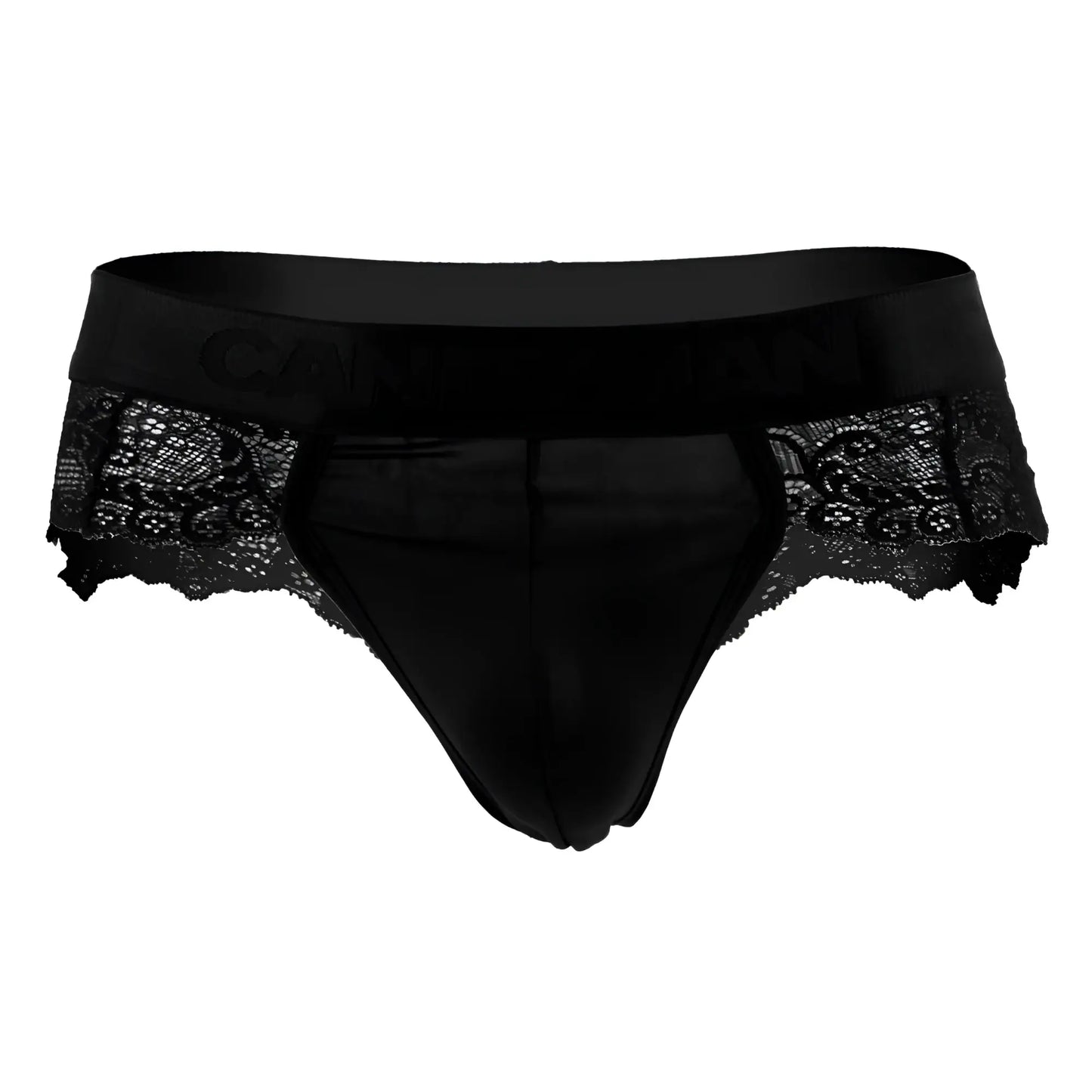 Black lace-trimmed men’s briefs with a satin waistband in black from candy man 99304 thongs collection