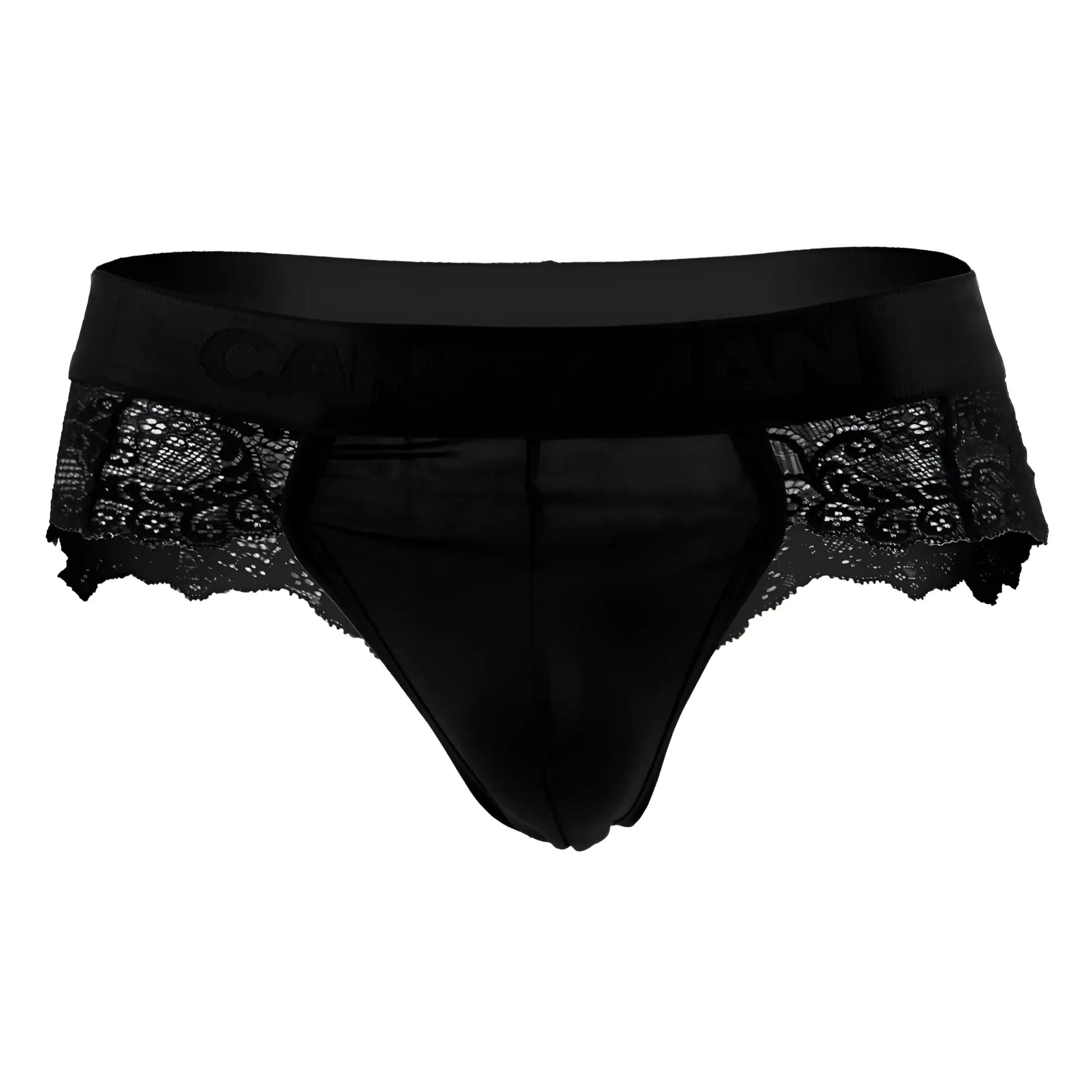 Black lace-trimmed men’s briefs with a satin waistband in black from candy man 99304 thongs collection