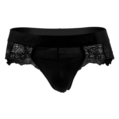 Black lace-trimmed men’s briefs with a satin waistband in black from candy man 99304 thongs collection