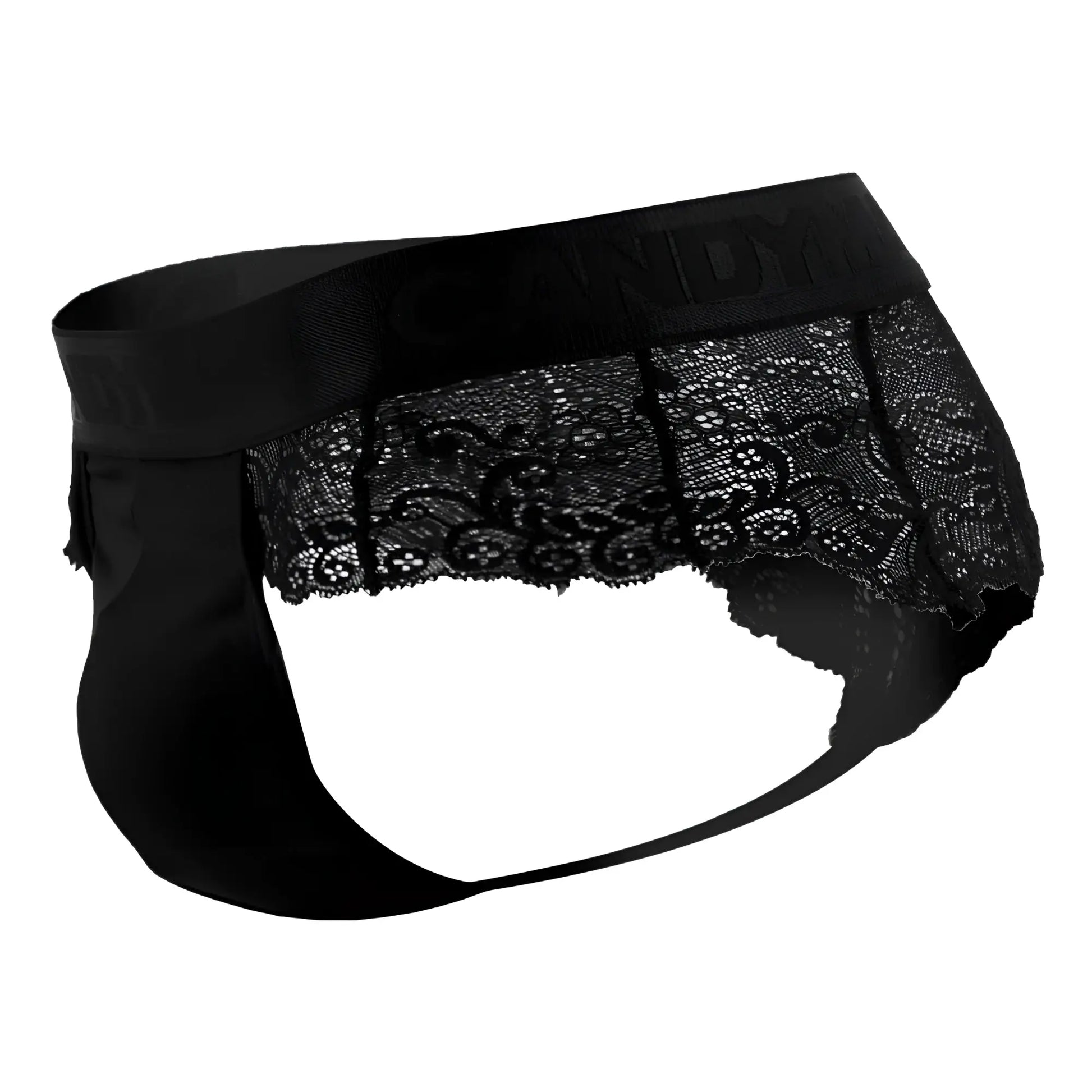 Black lace-trimmed men’s briefs with satin candy brand waistband in black from candyman 99304 thongs collection