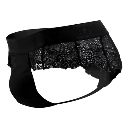 Black lace-trimmed men’s briefs with satin candy brand waistband in black from candyman 99304 thongs collection
