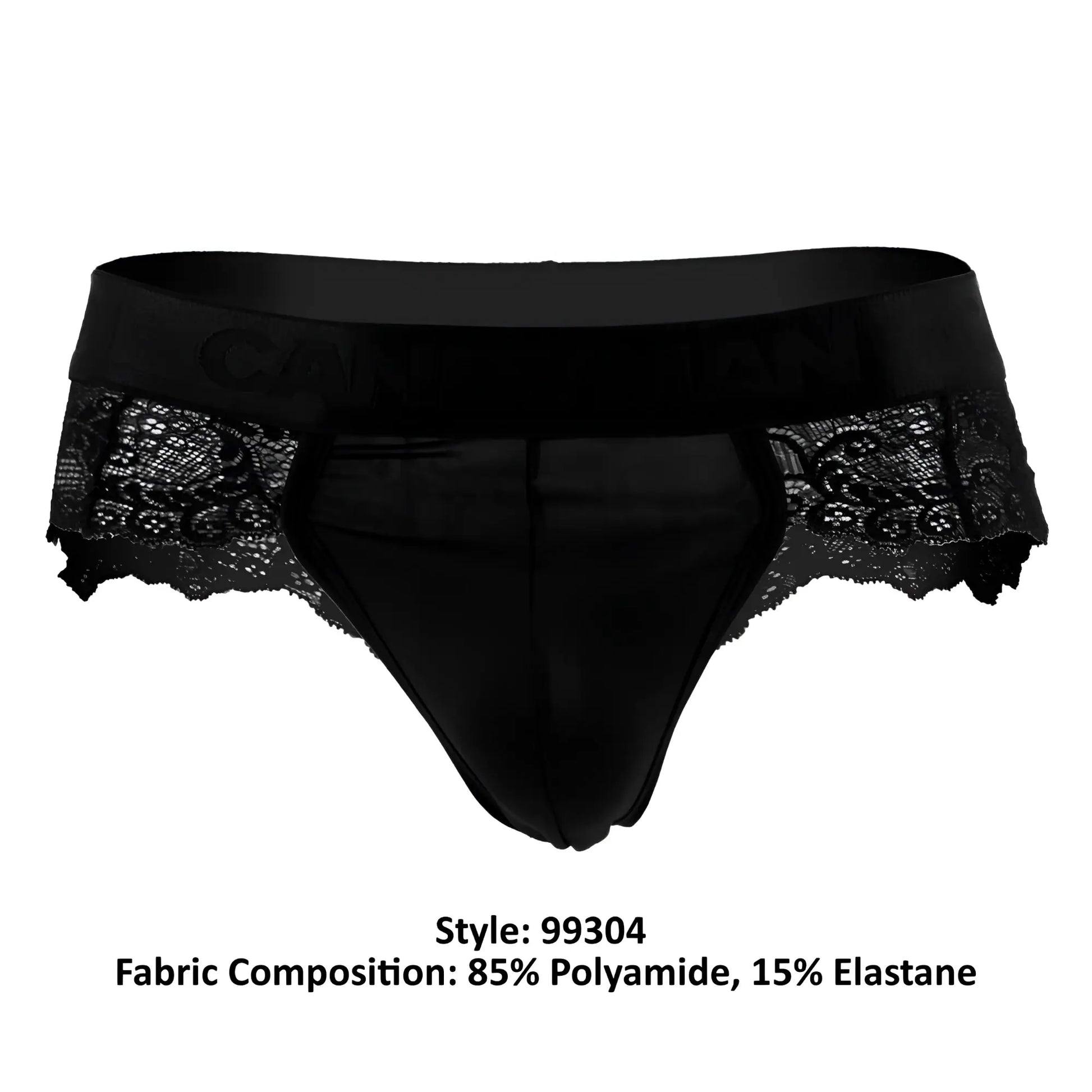 Black lace-trimmed briefs with satin waistband elegant design made from 85 polyamide 15 elastane in candyMan 99304 black