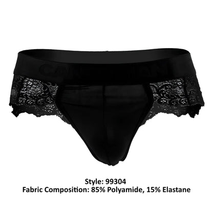 Black lace-trimmed briefs with satin waistband elegant design made from 85 polyamide 15 elastane in candyMan 99304 black