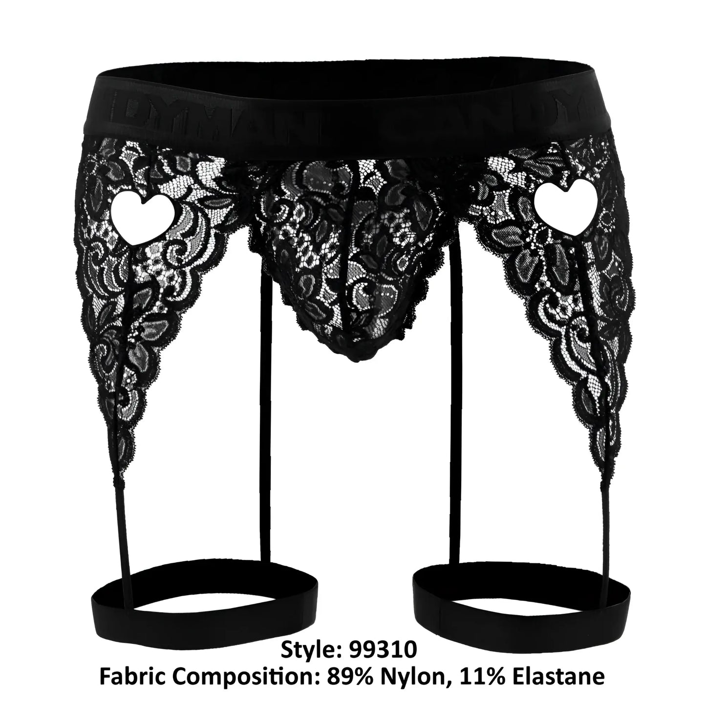 Black lace garter belt with heart-shaped cutouts and elastic straps from Candyman 99310 thongs color black