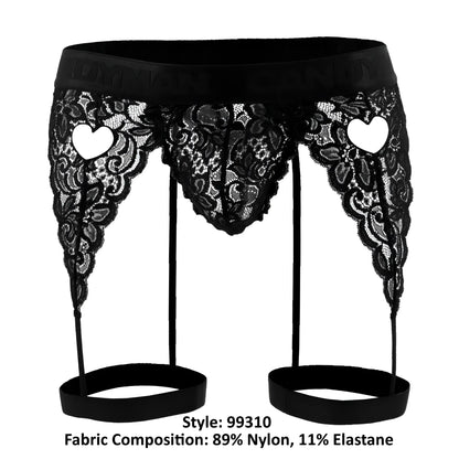 Black lace garter belt with heart-shaped cutouts and elastic straps from Candyman 99310 thongs color black