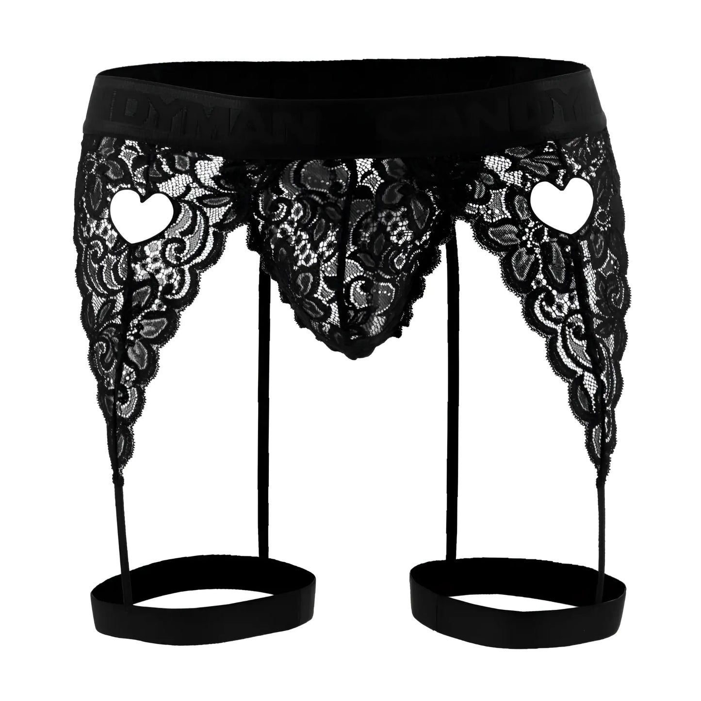 Black lace garter belt with heart shaped cutouts and satin waistband from candyman 99310 thongs in black