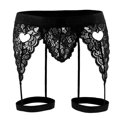 Black lace garter belt with heart shaped cutouts and satin waistband from candyman 99310 thongs in black