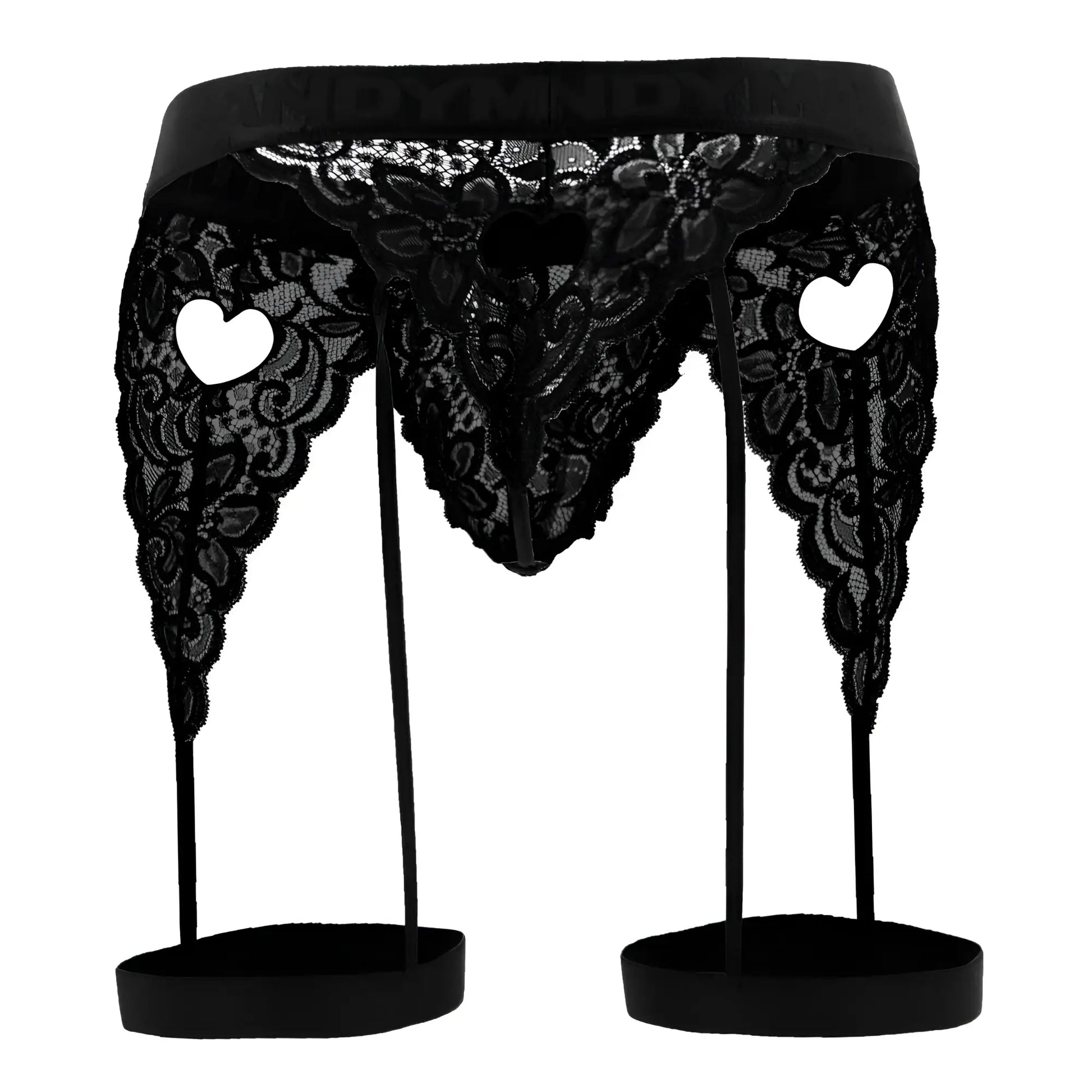 Black lace CandyMan 99310 garter belt with heart cutouts and matching leg straps in black color