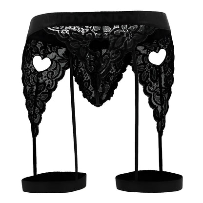 Black lace CandyMan 99310 garter belt with heart cutouts and matching leg straps in black color