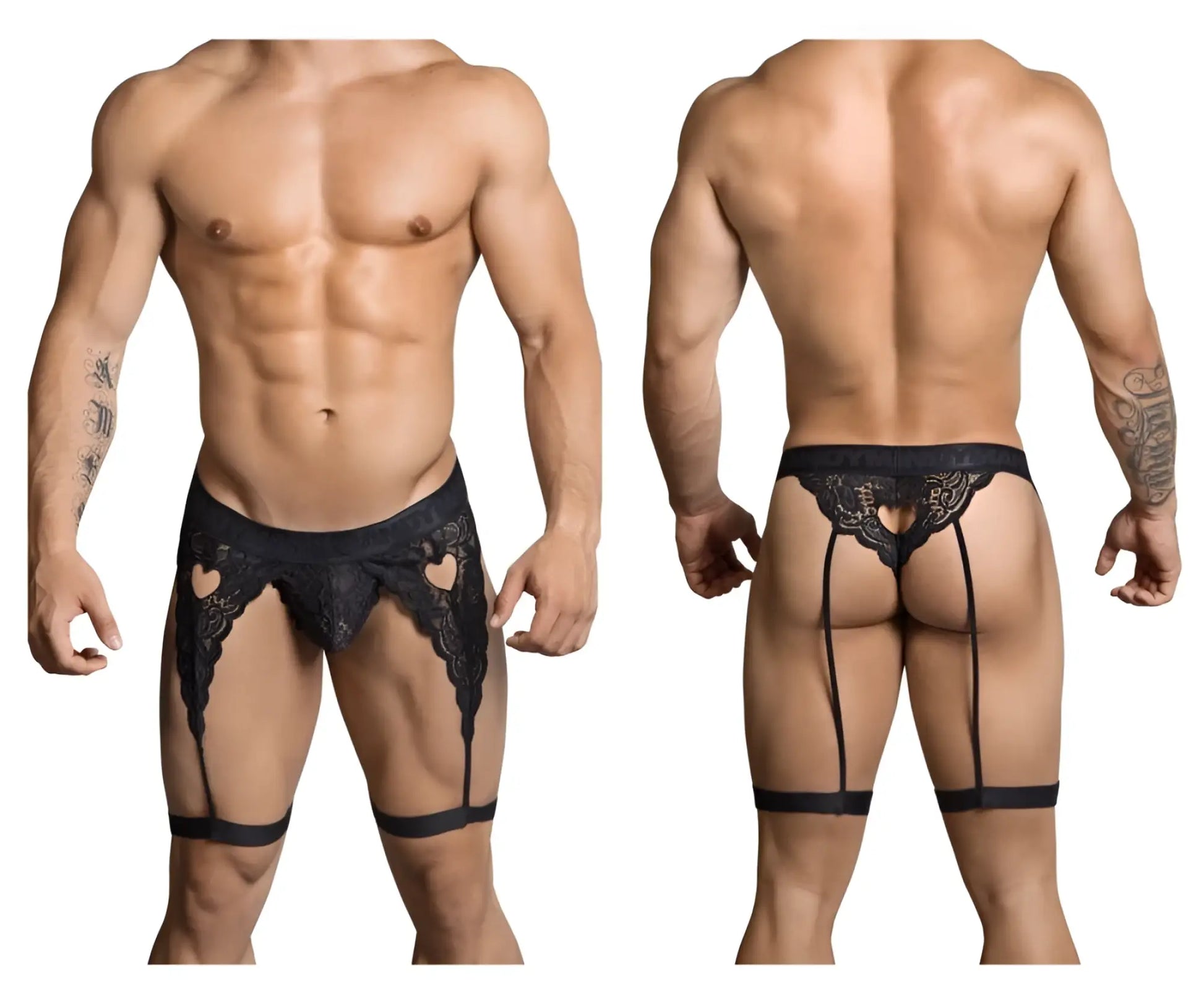 Black lace thong candyMan 99310 with heart-shaped cutouts and adjustable straps in black detail