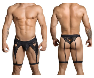 Black lace thong candyMan 99310 with heart-shaped cutouts and adjustable straps in black detail