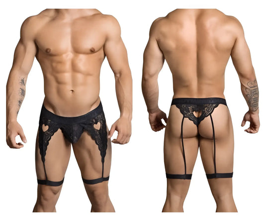 Black lace thong candyMan 99310 with heart-shaped cutouts and adjustable straps in black detail