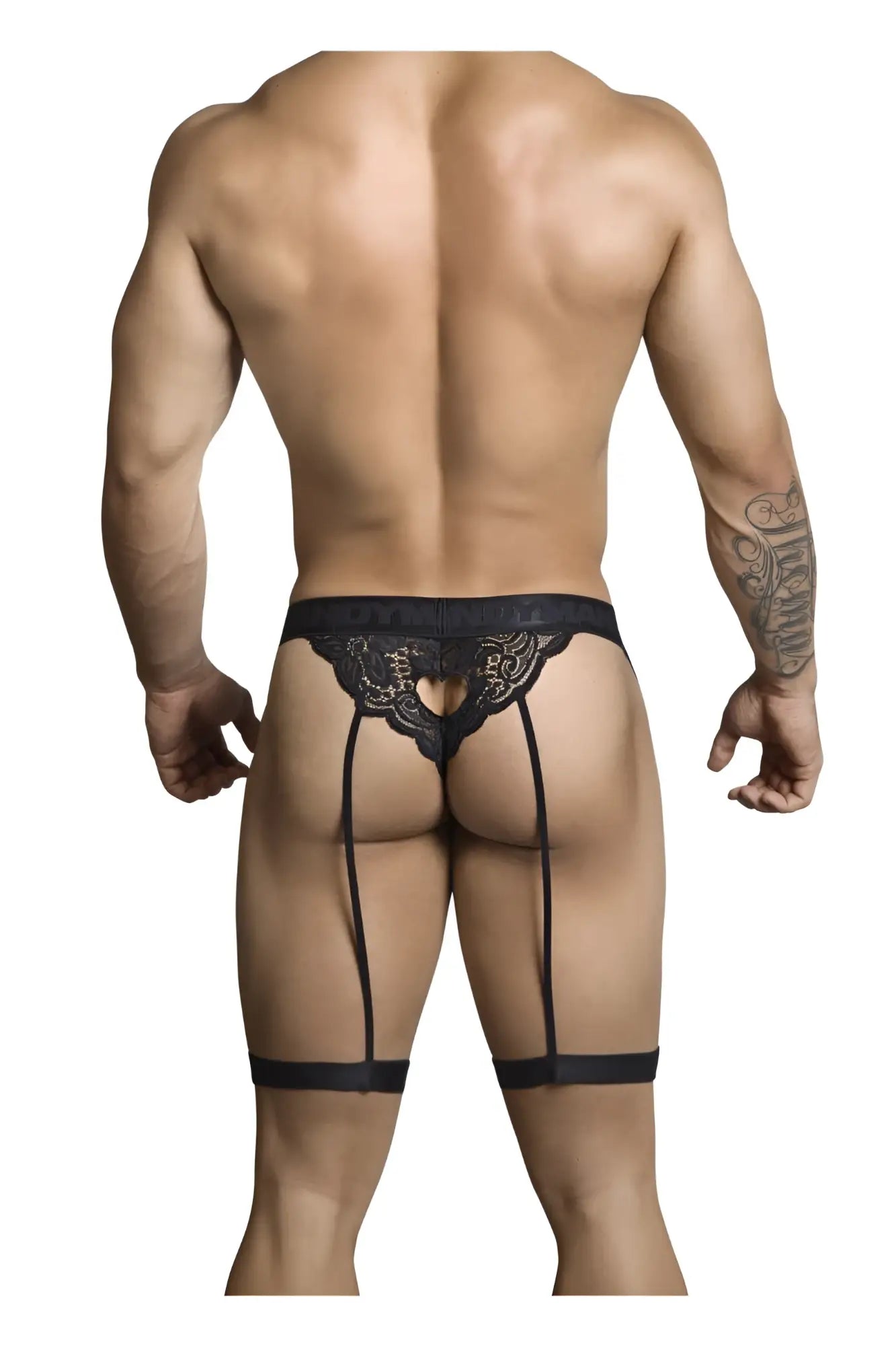 CandyMan 99310 black lace thong with heart-shaped cutout and three suspenders at the front