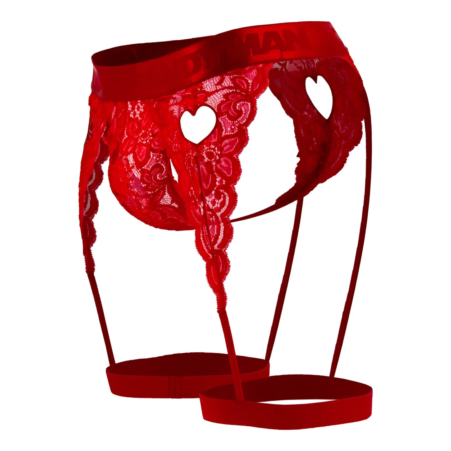 Red lace CandyMan 99310 thong with heart-shaped cutouts and matching straps in vibrant red color
