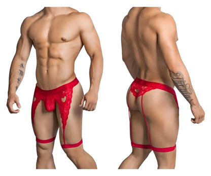 Red lace men’s lingerie thong with heart-shaped cutouts and suspenders from candyman color red