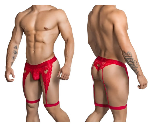 Red lace men’s lingerie thong with heart-shaped cutouts and suspenders from candyman color red