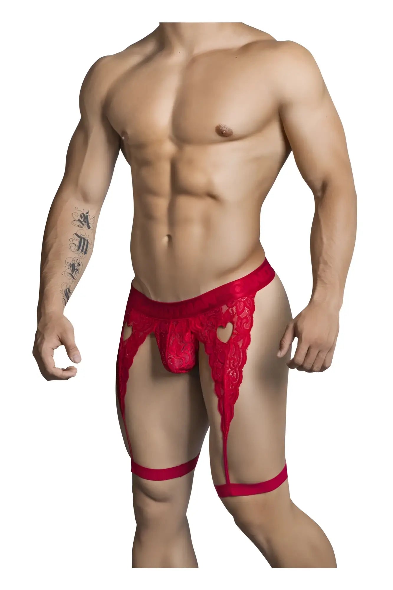 Red lace thong with heart-shaped cutouts and matching leg straps from candyman 99310 in vibrant red color
