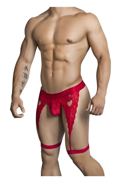 Red lace thong with heart-shaped cutouts and matching leg straps from candyman 99310 in vibrant red color