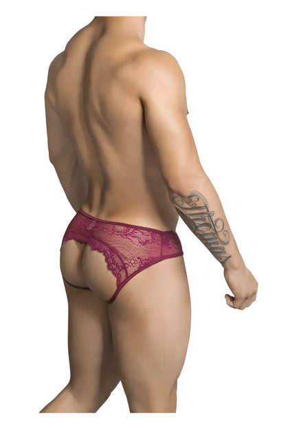 A maroon CandyMan 99312 jockstrap thong with intricate floral lace and a snug form-fitting design