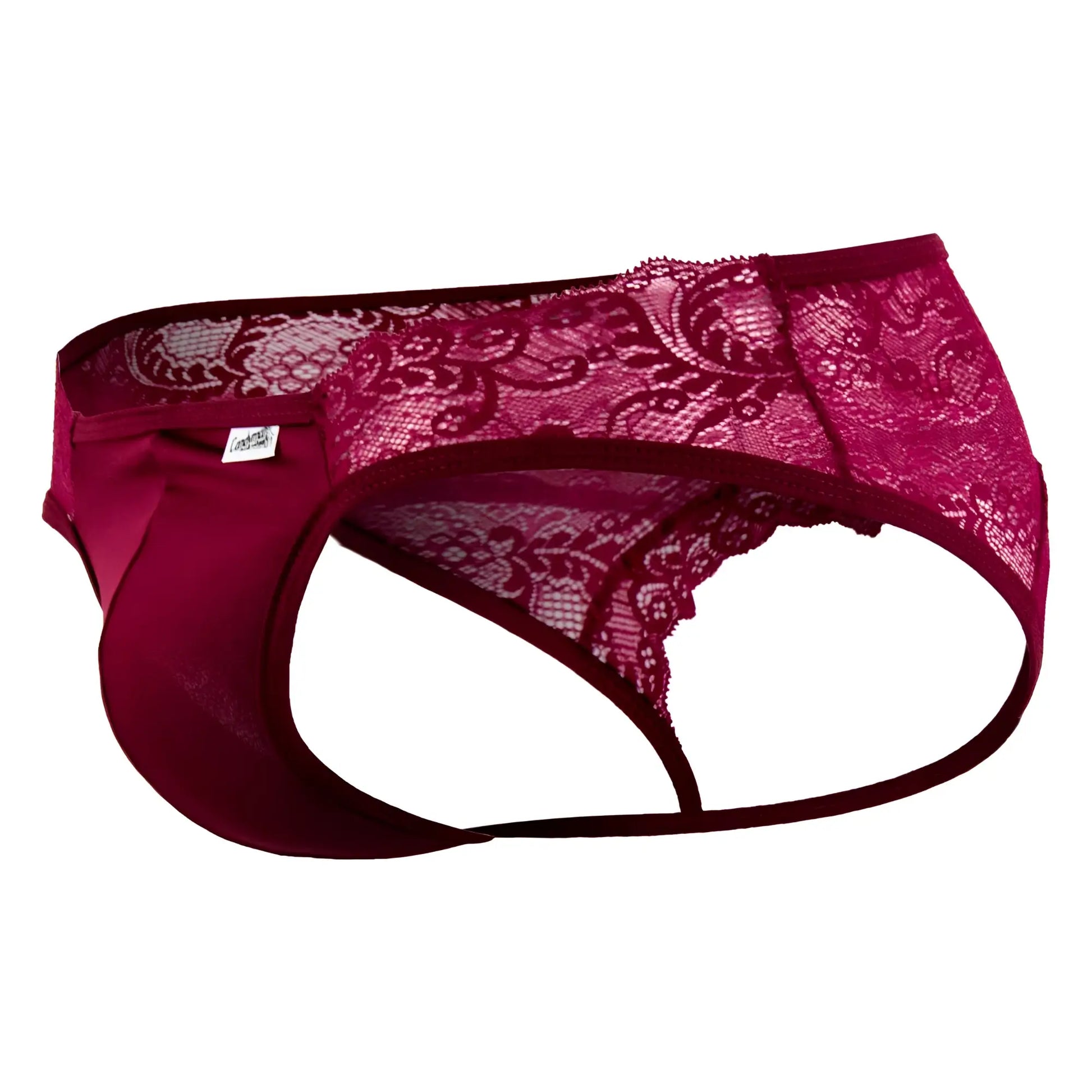 A candyMan 99312 jockstrap in burgundy featuring a maroon lace thong with floral patterns and satin lining