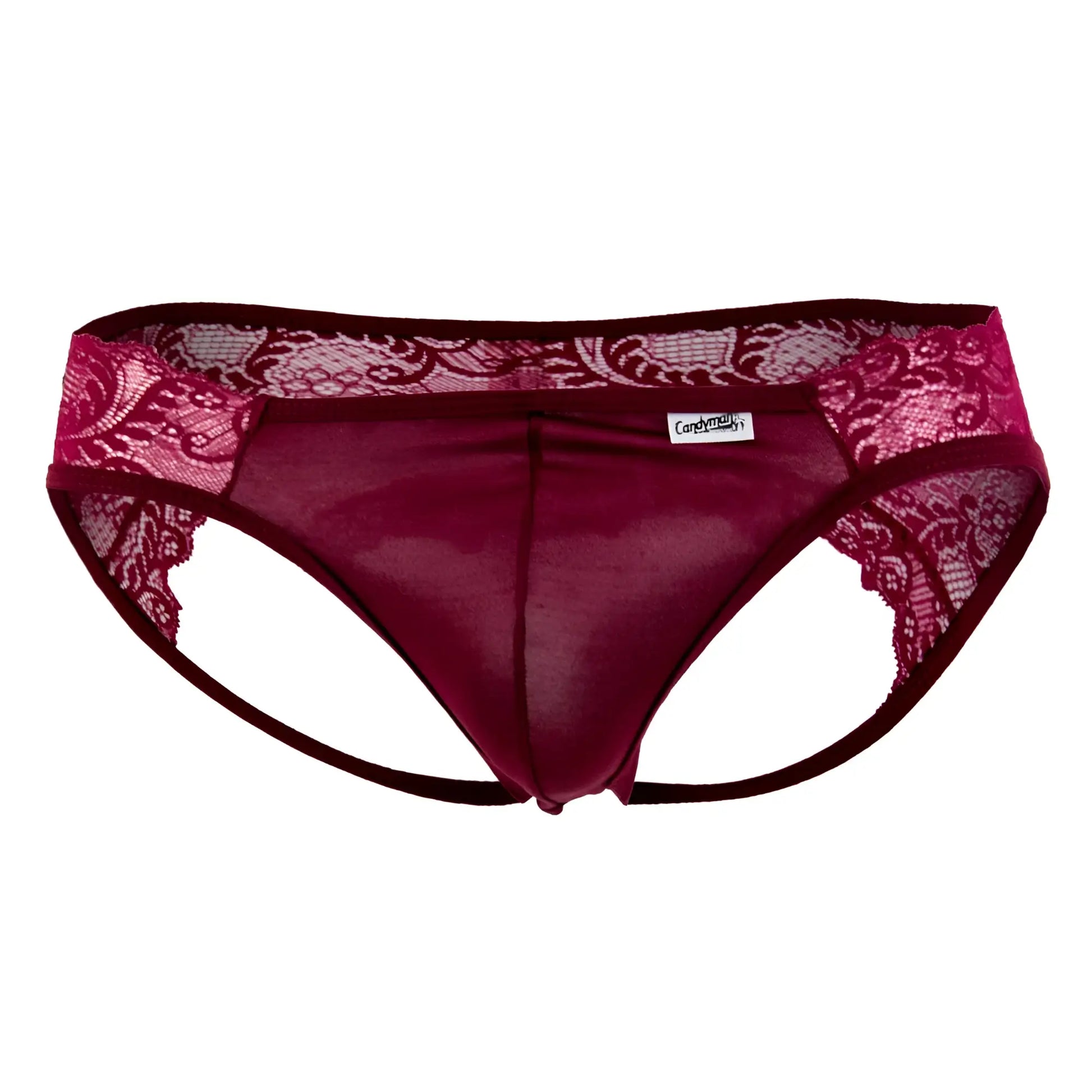 Burgundy candyman 99312 jockstrap with maroon lace trim sheer mesh front and intricate floral waistband patterns