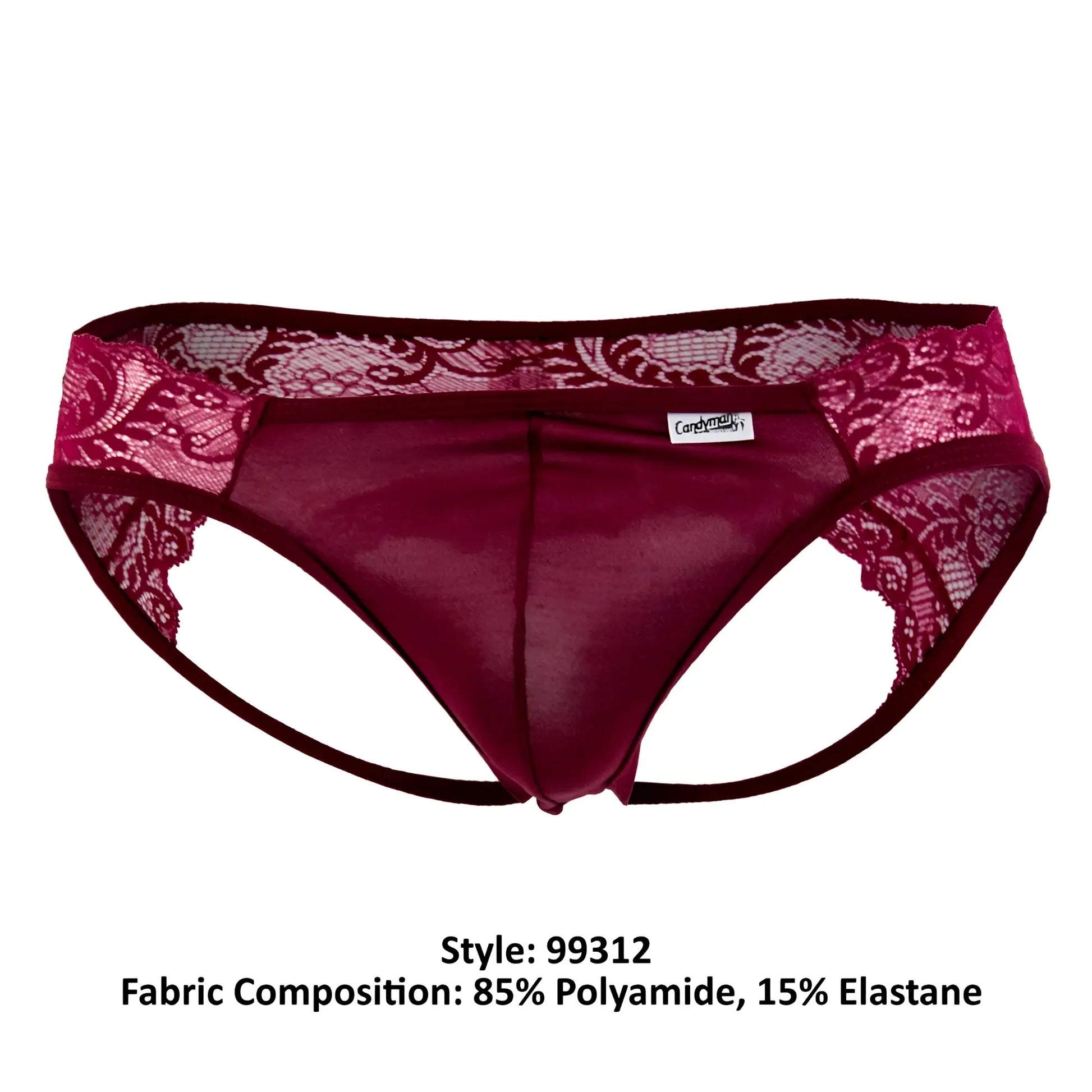Maroon lace-trimmed men’s briefs with sheer mesh center and elastic waistband candyMan 99312 jockstrap burgundy