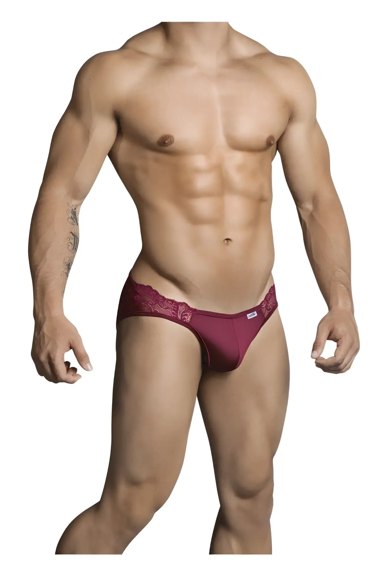 CandyMan 99312 jockstrap in burgundy featuring maroon lace-trimmed briefs with a smooth fabric waistband