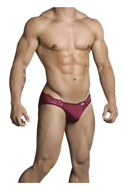 CandyMan 99312 jockstrap in burgundy featuring maroon lace-trimmed briefs with a smooth fabric waistband