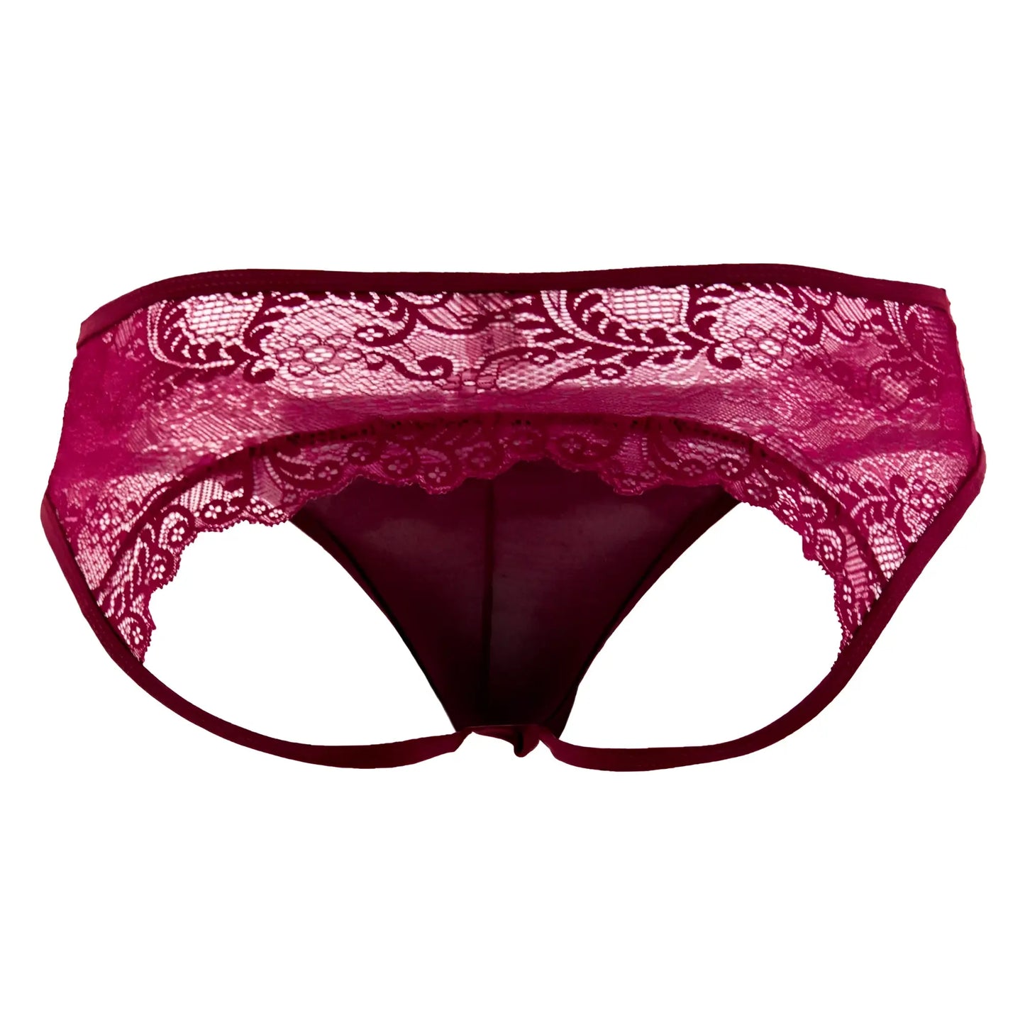 A burgundy Candyman 99312 jockstrap featuring a maroon lace-trimmed thong with sheer patterned design and solid lining