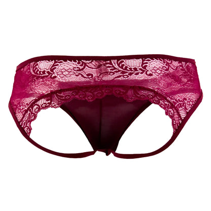 A burgundy Candyman 99312 jockstrap featuring a maroon lace-trimmed thong with sheer patterned design and solid lining
