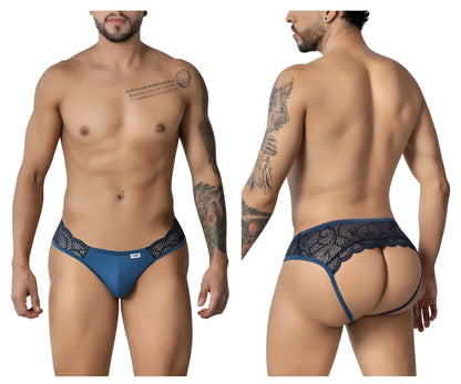 CandyMan 99312 lace jockstrap in navy with blue lace trim and sleek form-fitting design for men