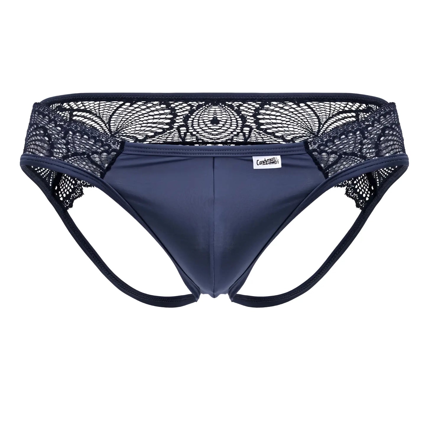 Navy blue lace-trimmed mens briefs with smooth fabric and black floral embroidery on the waistband candyMan 99312 lace jockstrap