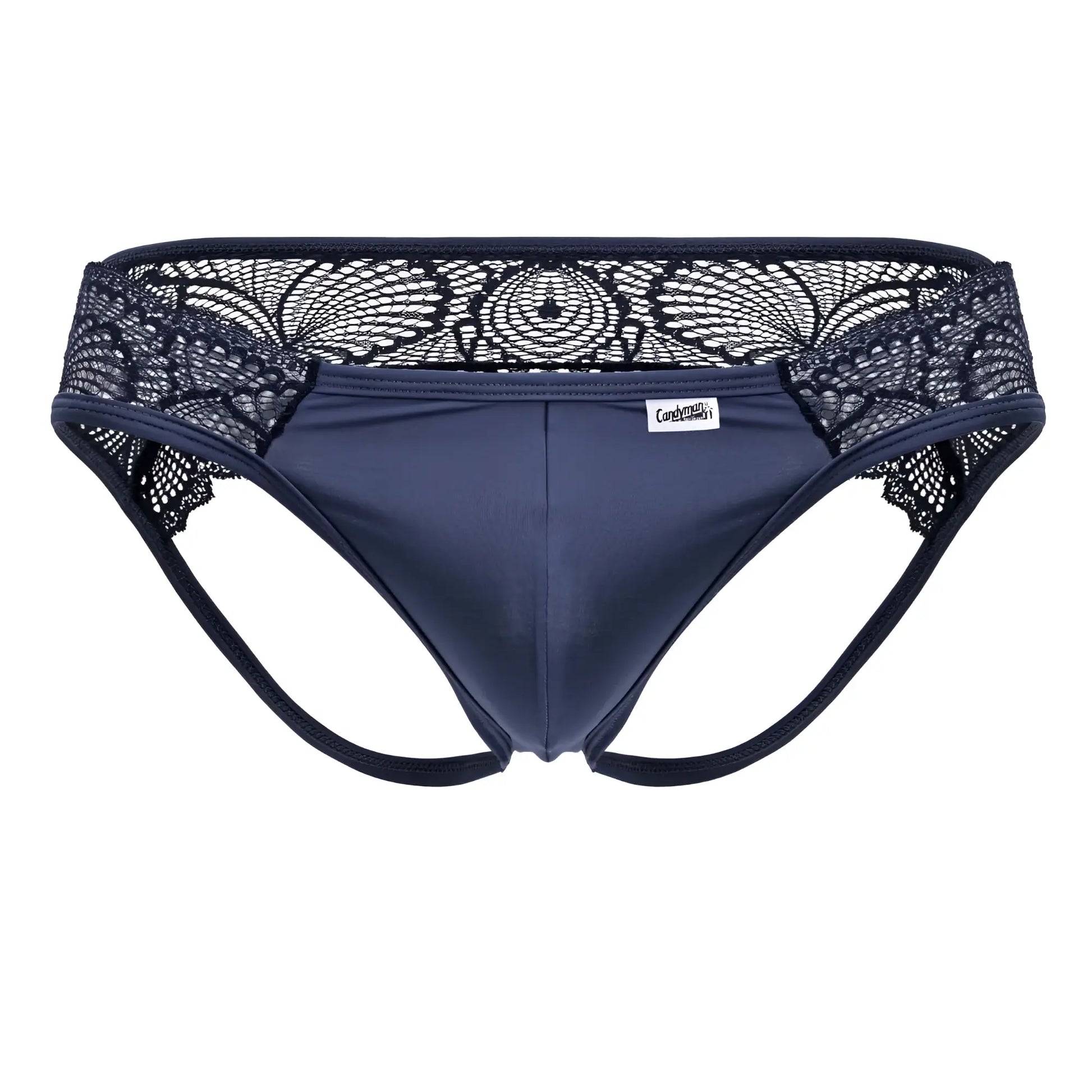 Navy blue lace-trimmed mens briefs with smooth fabric and black floral embroidery on the waistband candyMan 99312 lace jockstrap