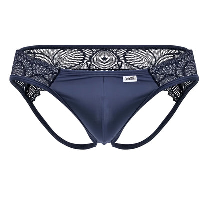 Navy blue lace-trimmed mens briefs with smooth fabric and black floral embroidery on the waistband candyMan 99312 lace jockstrap