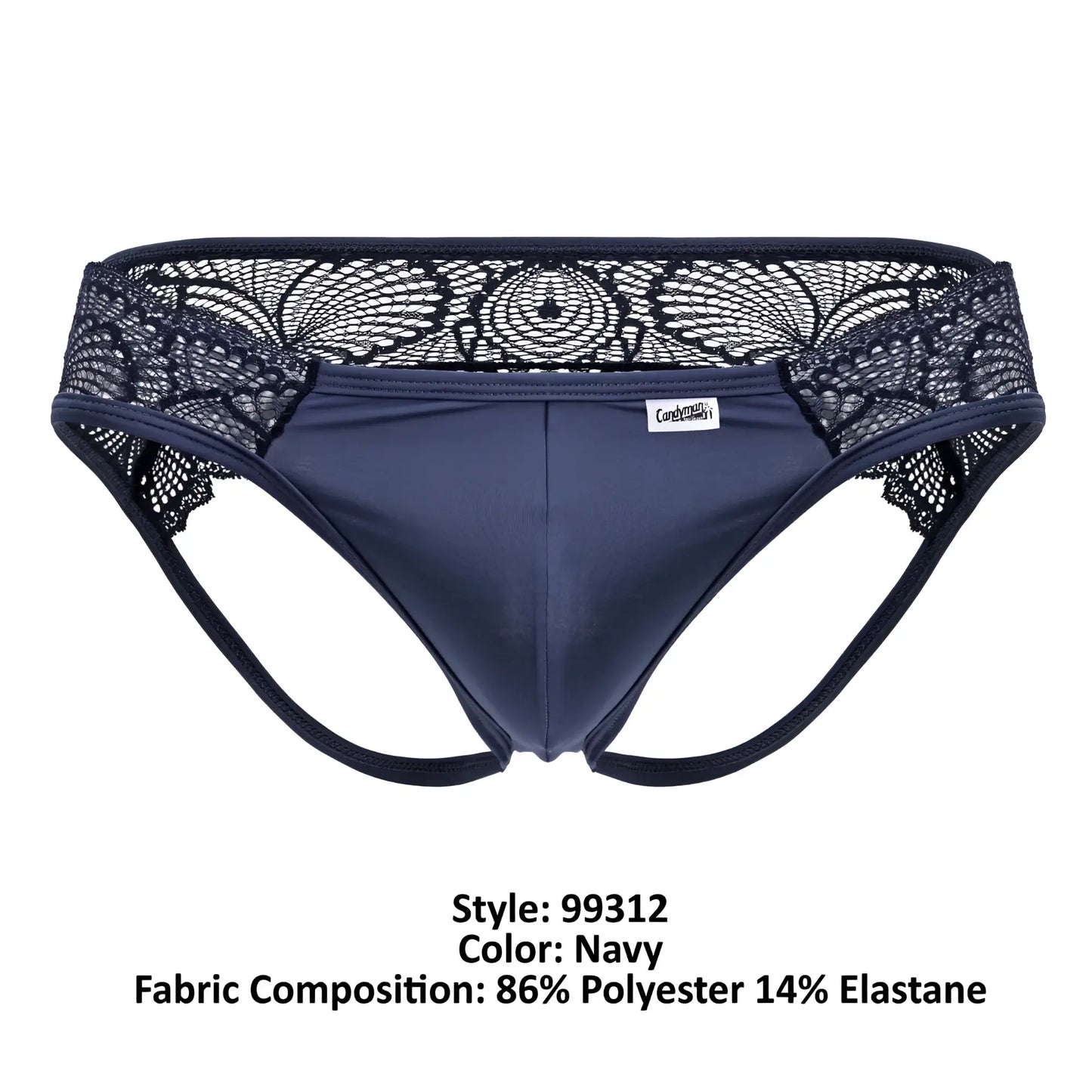 Navy blue CandyMan 99312 lace jockstrap briefs with smooth stretchy fabric and black floral lace trim waistband