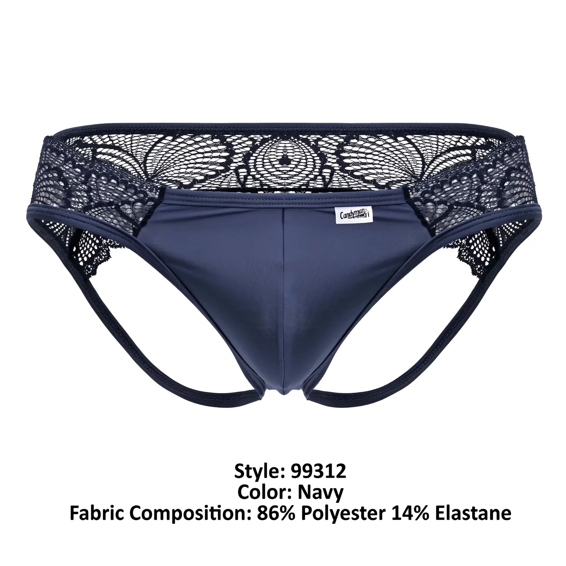 Navy blue CandyMan 99312 lace jockstrap briefs with smooth stretchy fabric and black floral lace trim waistband
