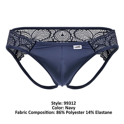 Navy blue CandyMan 99312 lace jockstrap briefs with smooth stretchy fabric and black floral lace trim waistband