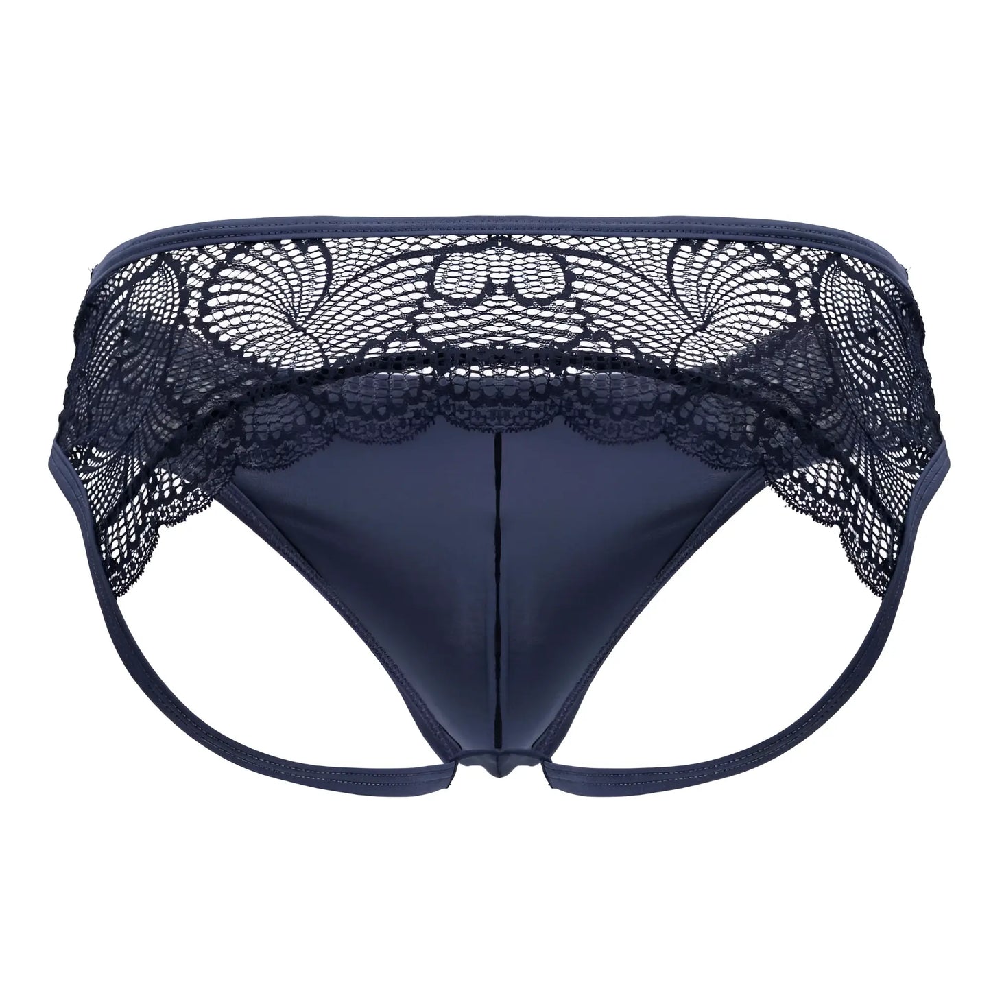 Navy blue candy man 99312 lace jockstrap thong with floral lace waistband and smooth satin-like fabric