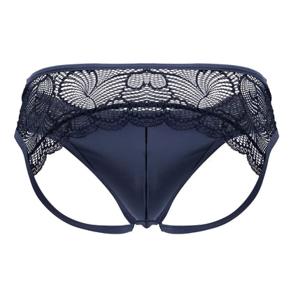 Navy blue candy man 99312 lace jockstrap thong with floral lace waistband and smooth satin-like fabric