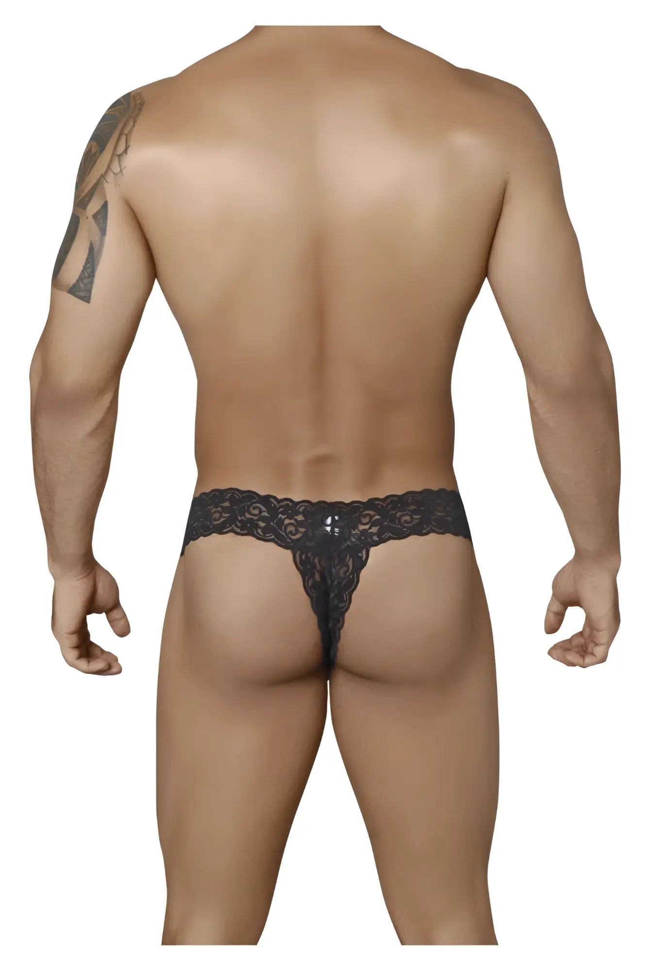 CandyMan 99315 black lace thong with intricate floral patterns and small decorative embellishment at center front