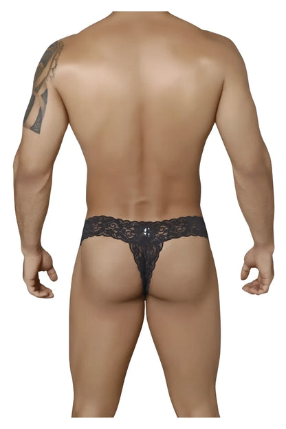 CandyMan 99315 black lace thong with intricate floral patterns and small decorative embellishment at center front