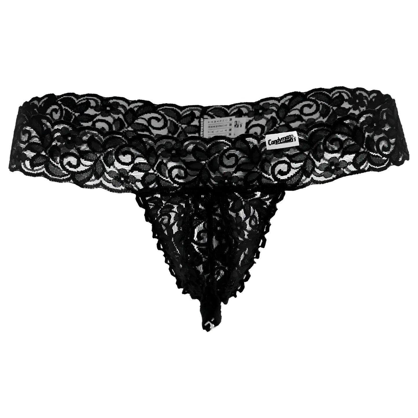 Black lace thong candyMan 99315 with intricate floral patterns and delicate sheer design in black color