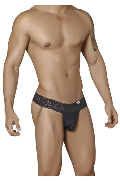Black lace thong CandyMan 99315 peek a boo with intricate floral patterns and a white brand tag on the waistband