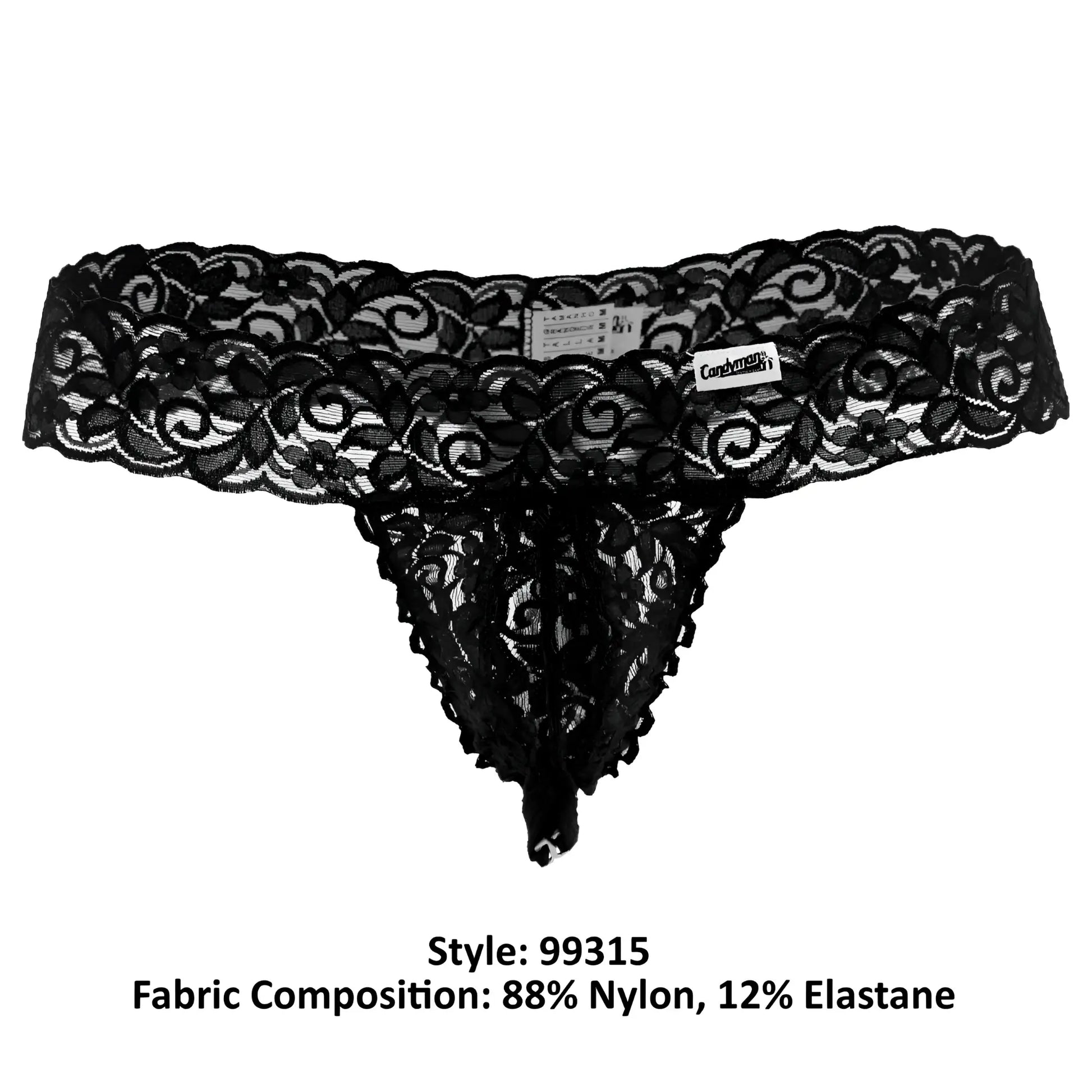 Black lace thong candyMan 99315 peek a boo thong with intricate floral patterns and delicate sheer design in black