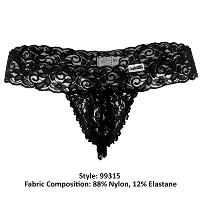 Black lace thong candyMan 99315 peek a boo thong with intricate floral patterns and delicate sheer design in black