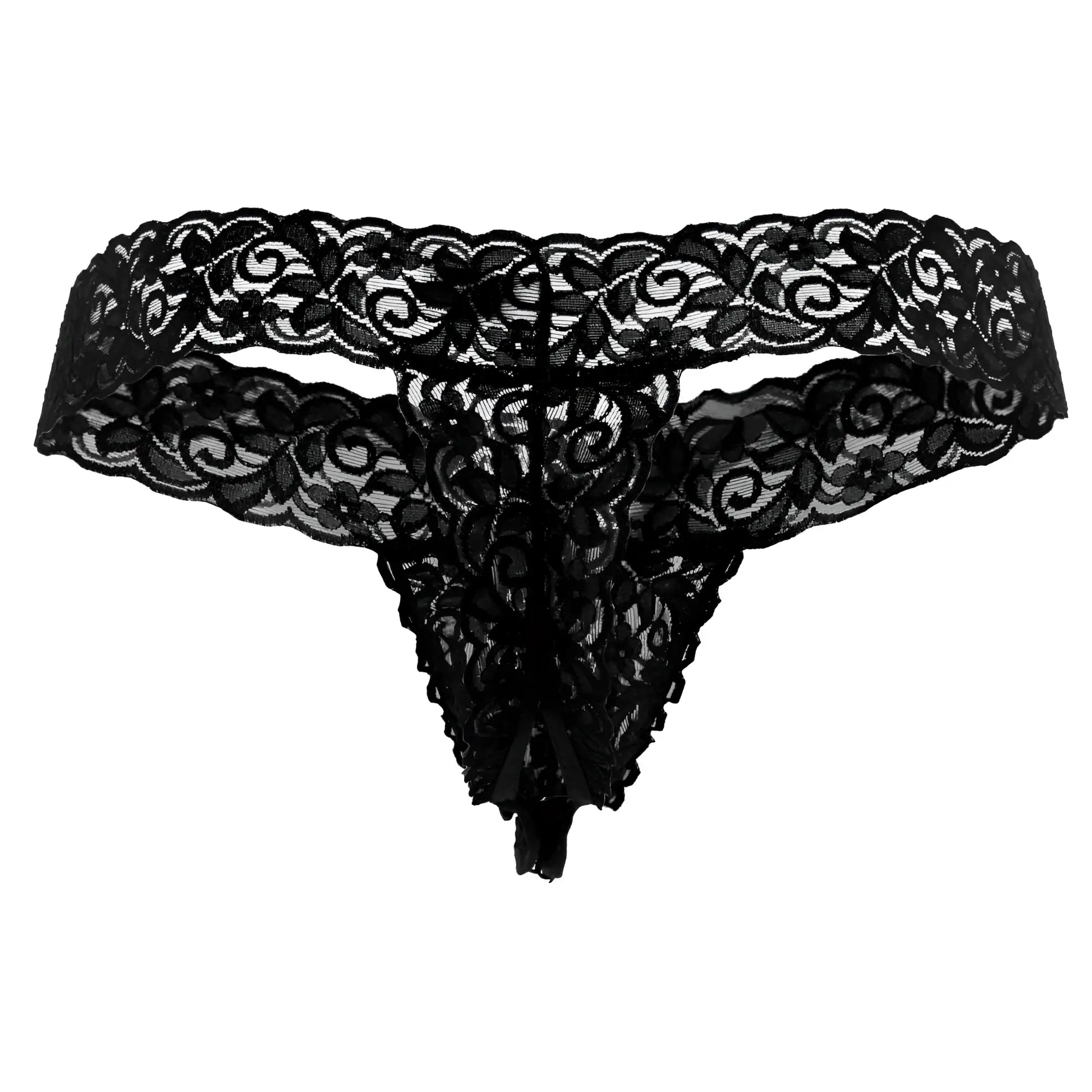 Black lace CandyMan 99315 peek a boo thong in black with intricate floral and swirl patterns