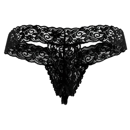 Black lace CandyMan 99315 peek a boo thong in black with intricate floral and swirl patterns