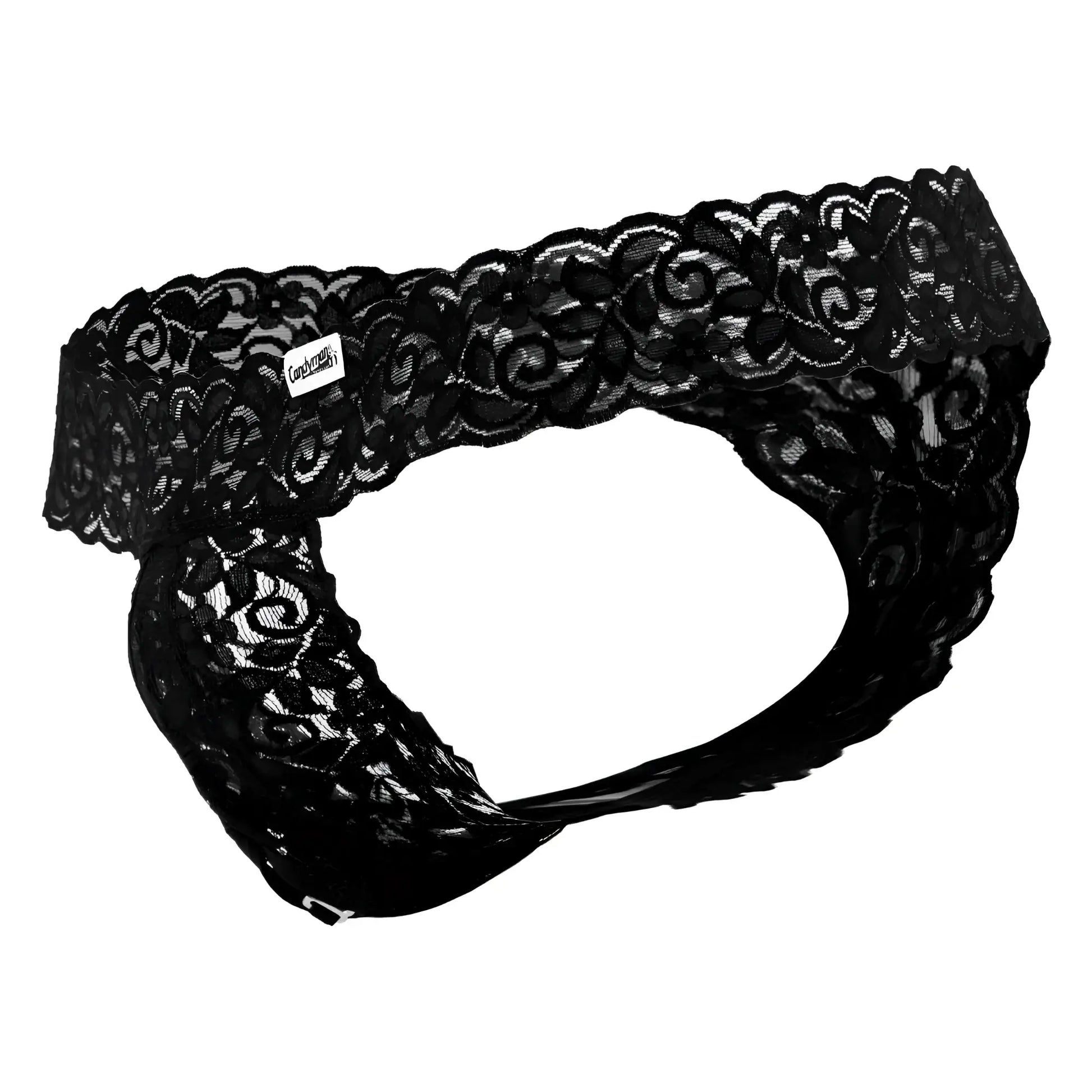 Black lace thong candyMan 99315 with intricate floral patterns and sheer fabric design in black color