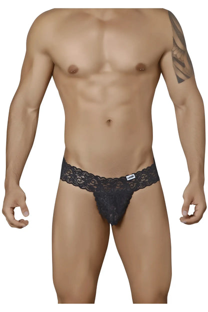 Black lace thong candyMan 99315 peek a boo thongs with intricate floral patterns and brand tag on waistband